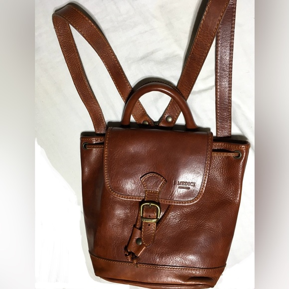 I Medici Firenze Italy Whiskey Brown Leather Rucksack Backpack Flap Buckle Snap - Picture 3 of 15